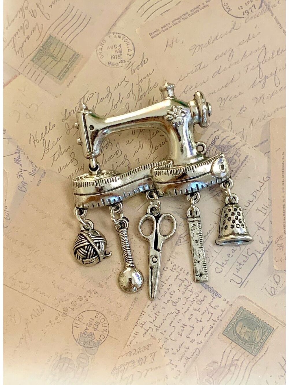 Sewing Machine Brooch with Scissors, Thimble & Sewing Charms